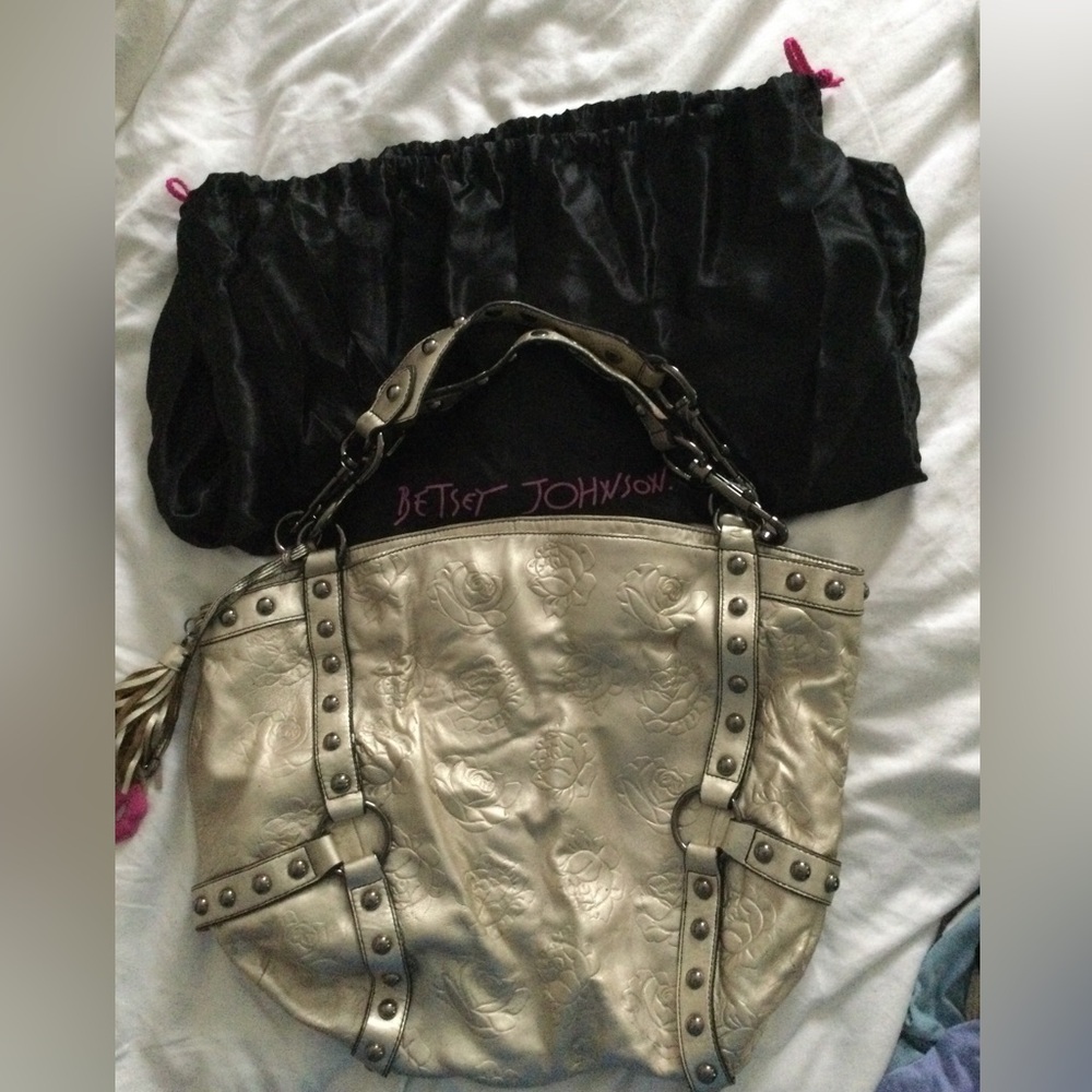 Betsy Johnson hobo bag, gold, roses embossed leather